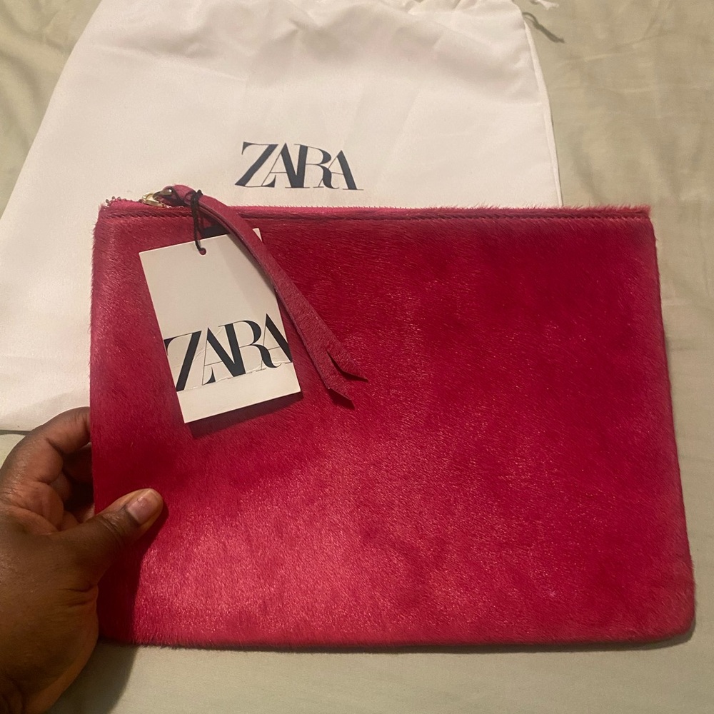 Zara Vibrant Pink Calf Hair Wristlet Clutch